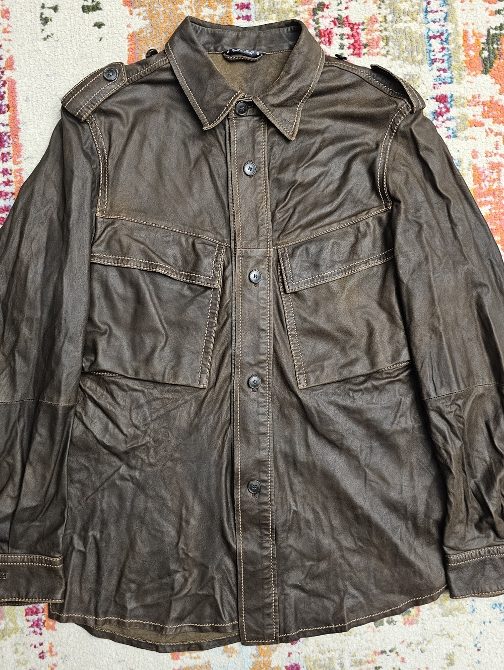 Hugo Boss Men’s Cinger Goatskin Field Shirt Jacket Size 42R Leather Brown Button